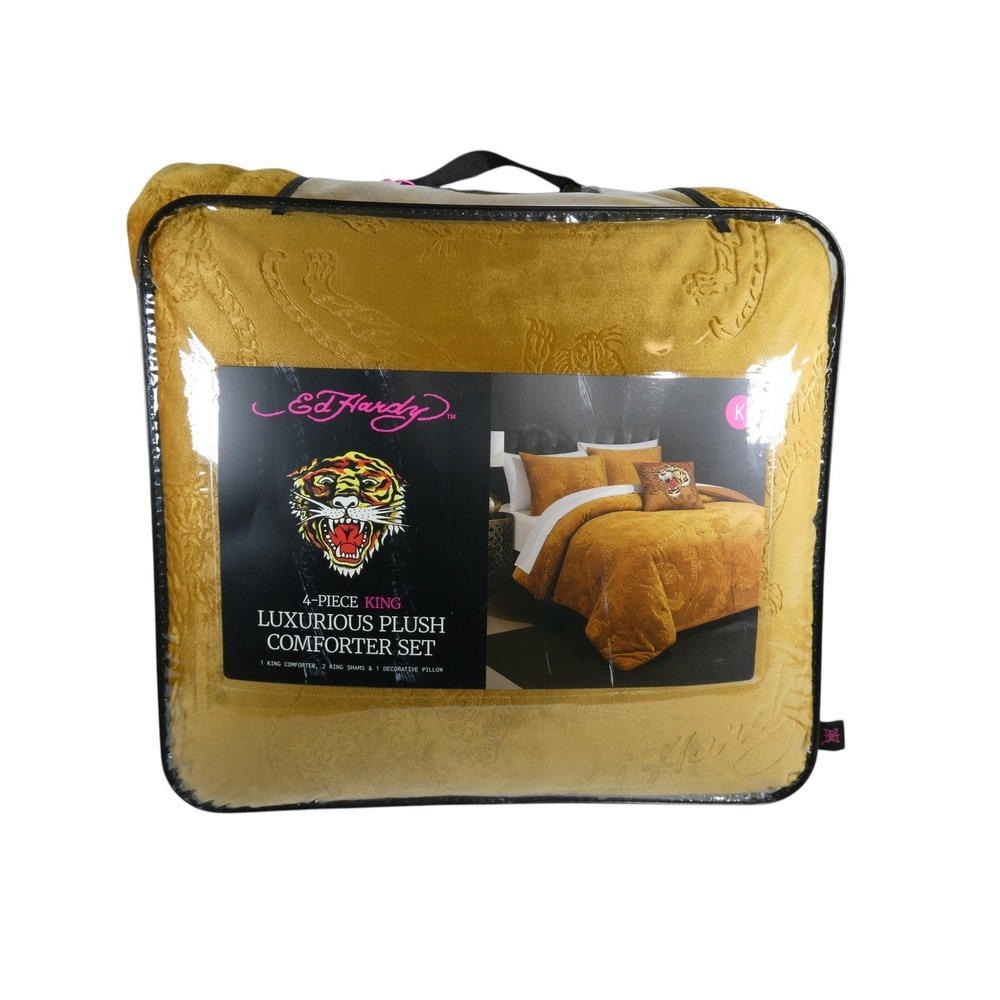 Ed Hardy 4 Piece King Comforter Set Gold 2 Shams Decorative Pillow RN 164342